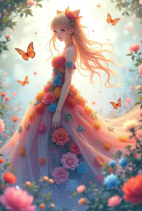 Anime woman full body dress fashion gown colorful flowers with bow with butterflies 4k