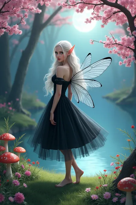 An elf in a mystical spring forest with cherry blossoms, Vibrant flowers, colorful mushrooms, a lake that reflects the moonlight, vibrant colors, An adult elf woman with almost white blonde hair, intense blue eyes, black dress with tutu, elegant strapless ...