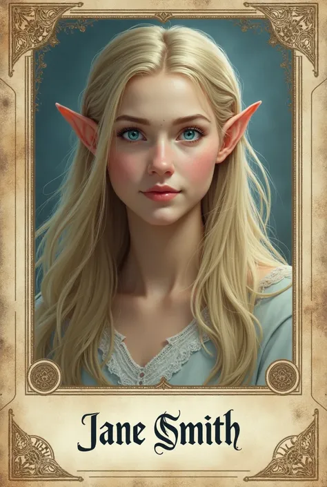 ID card with photo of a elven lady. "Jane Smith" written in the card, long blonde hair, Azure eyes