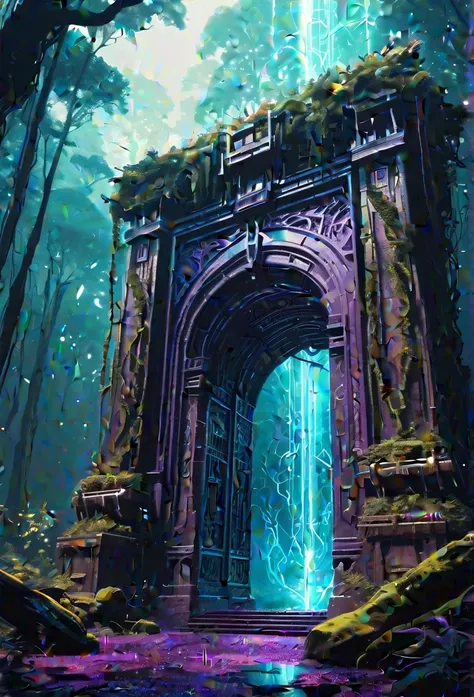 (Digital Artwork:1.3) of (Sketched:1.1) octane render of a mysterious dense forest with a large (magical:1.2) gate (portal:1.3) to the eternal kingdom, blade runner, intricate (vine:1.2), massive tree in liquid metal, realistic digital painting portrait, s...