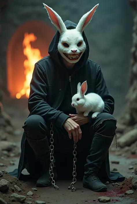 lizoldBS_soul3142, 1 male in sitting pose, furry White bloody rabbit mask with creepy smile and yellow bloody teeth, completely Black torn hoodie, peting a White rabbit on his lap , cave, fireplace lights in the background, steampunk, dystopia, ethereal, d...