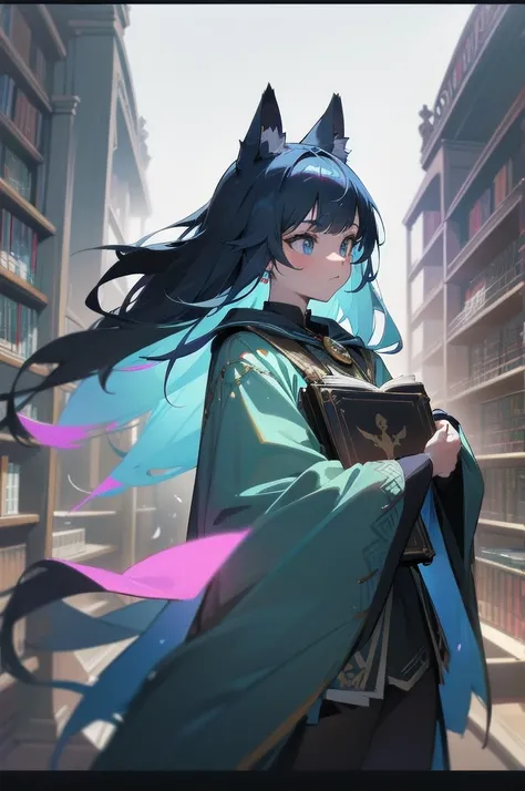 (absurdres), pretty girl, upper body,  slim body, perfect body, cat ear, gal, long hair, mini skirt, wizard costume, vast library, [looking away:0.4], huge bookshelf, 1855s, fantasy, [Fisheye lens:0.5], old movie