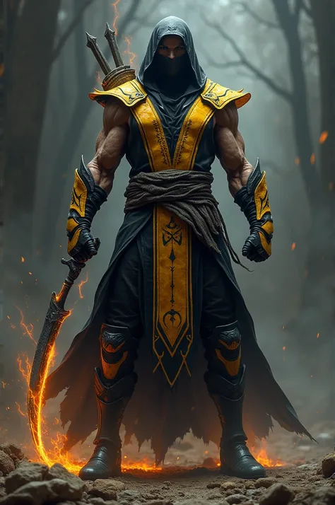 Make me a scorpion from Mortal Kombat with Noob Saibot&#39;s clothing style but with Scorpion&#39;s colors with normal skin