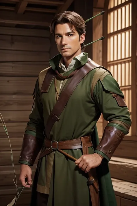 now i need a medieval scout archer who wears brown leather and green cloth, the leather is only brown. the green part is fabric