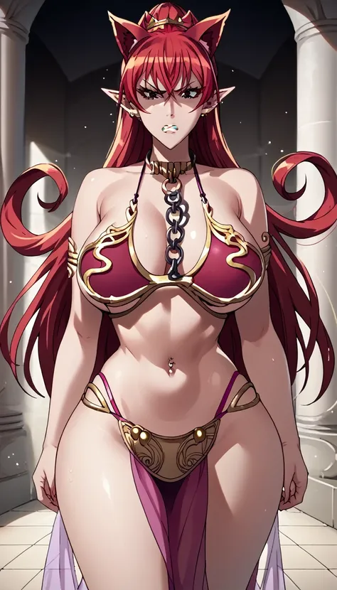 score_9, score_8_up, score_7_up, source_anime, best quality, solo, clear face, huge breasts, perfect body, looking at viewer, sex slave, crimson red slave bikini, palace, standing, dynamic angle, pink high leg thong, from behind, big ass, wide hips, navel ...