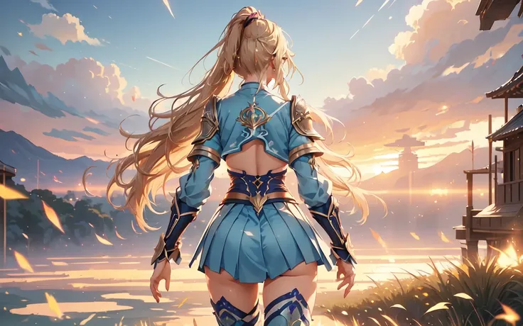 female, (((breasts))), cleavage, warrior, light blue metalic armour, very fine glowing ornate details on the armour, blonde pink gradient long messy wavy hair in a ponytail, thigh-high boots, looking into the distance, outside of an wooden fortress, in a t...