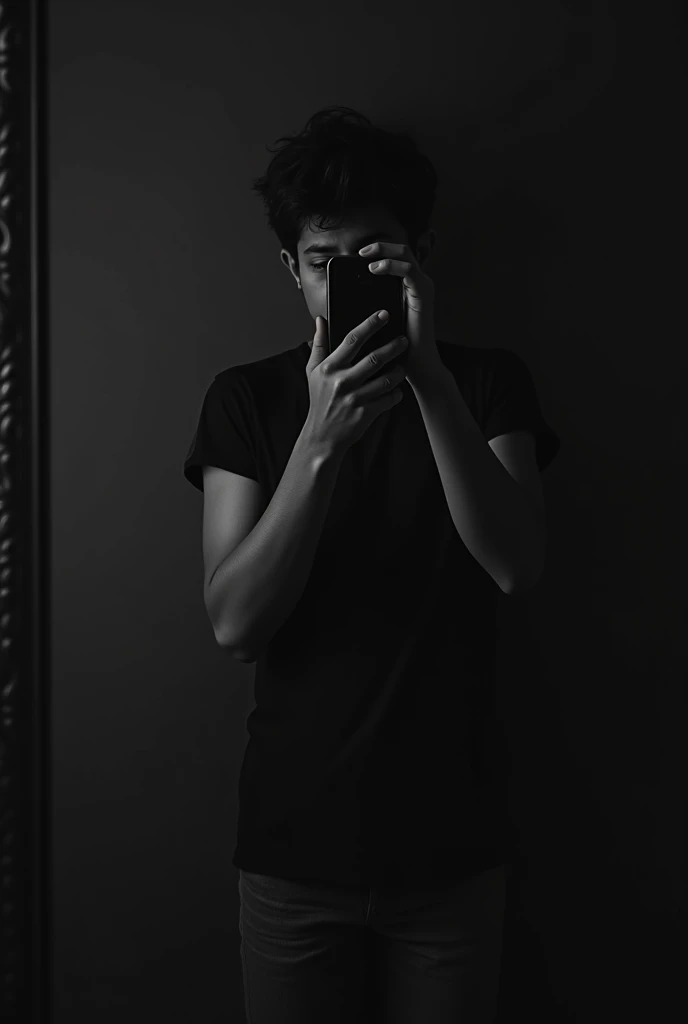 A boy, mirror selfie, black colour photo, bulk body, medium body,side photo, taking phone, hiding face