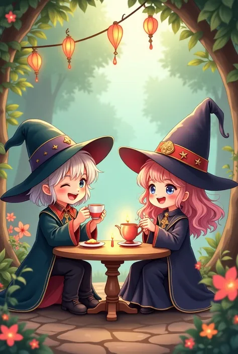 Masterpiece, best quality, chibi, wizard tea party, handsome male witch, beautiful witch, happy, 