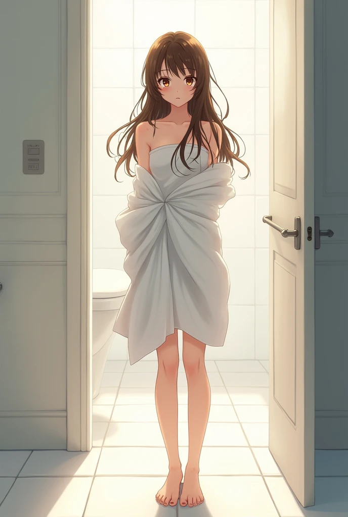 young anime woman standing in a bathroom with long wet brunette hair and brown eyes, wearing only white bath towel around body, and bare feet, looking with light smile from front