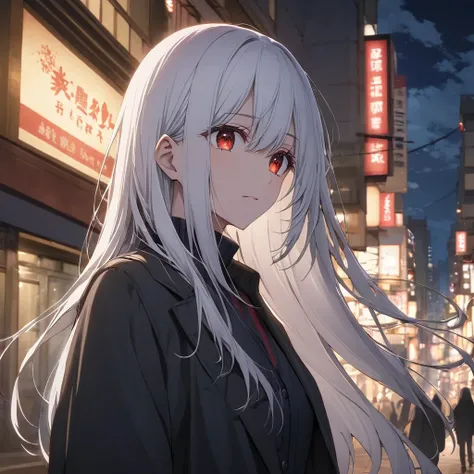 White hair, red eyes, straight hair, night