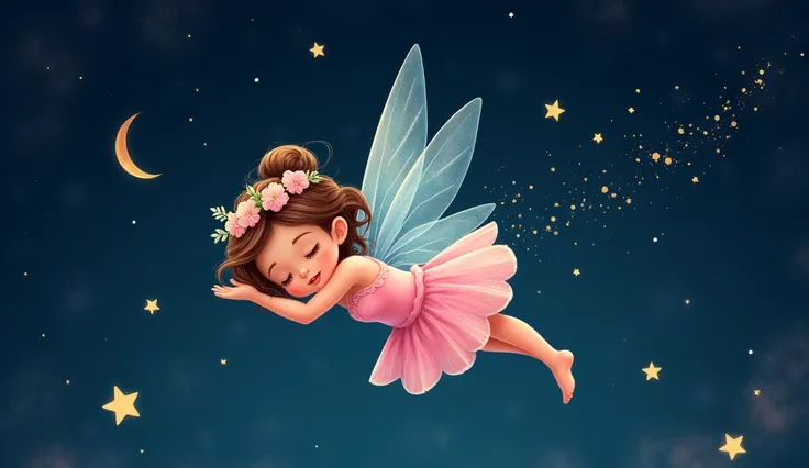 Fairy in pink sleeping in stars night cartonic image