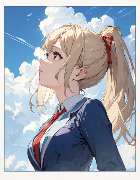 ((masterpiece)、(absurdres)、(ultra detailed)、(8k),SFW,Anatomically correct,anime:1.1,(Solo girl),(blonde hair:1.0),(shiny red eyes:1.1),(highponytail:0.9),(a little red ribbon;1.0),(long hair:0.8),(middle breast:0.9),break,(fantasy blue blazer),(white mini ...