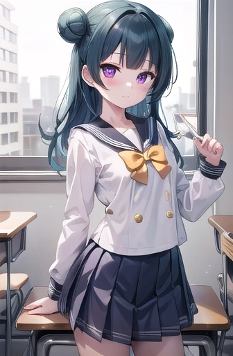 yoshikotsushima, yoshiko tsushima, blue hair, hair bun, (purple eyes:1.1), single side bun, bangs, long hair, (small breast:1.2),
BREAK bow, bowtie, buttons, grey skirt, long sleeves, pleated skirt, school uniform, serafuku, skirt, uranohoshi school unifor...