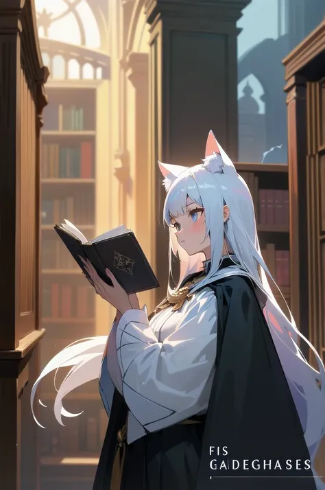 (absurdres), pretty girl, upper body,  slim body, perfect body, cat ear, gal, long hair, mini skirt, wizard costume, library, [looking away:0.4], huge bookshelf, 1855s, fantasy, [Fisheye lens:0.5], old movie