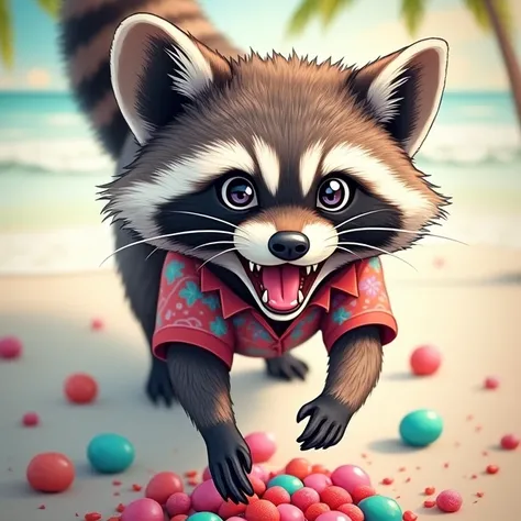 Neotraditional style raccoon drawing, neotraditional tattoo styles, full color raccoon, Raccoon with crazy eyes eating berries and candy, tropical design background, Happy smiling raccoon eating candy, top angle view, raccoon with half torso visible,bright...