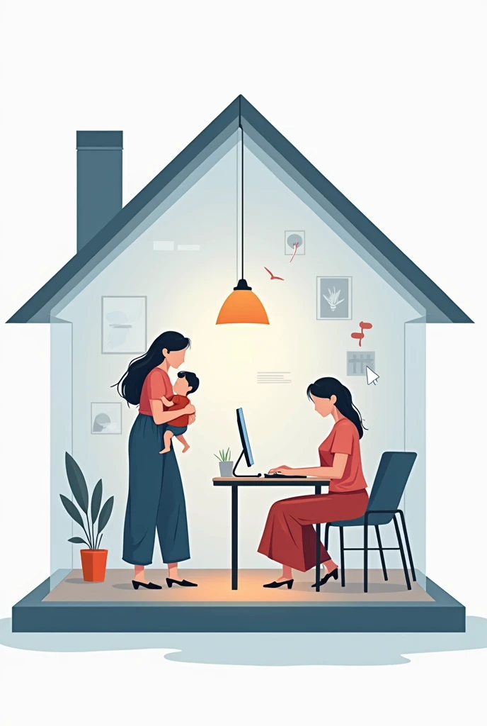 A stylized house with transparent walls, showing a woman taking care of her child on one side and working on the computer on the other. Graphic elements of **comfort and connection** can be used, as smooth lines connecting the two activities, reinforcing t...