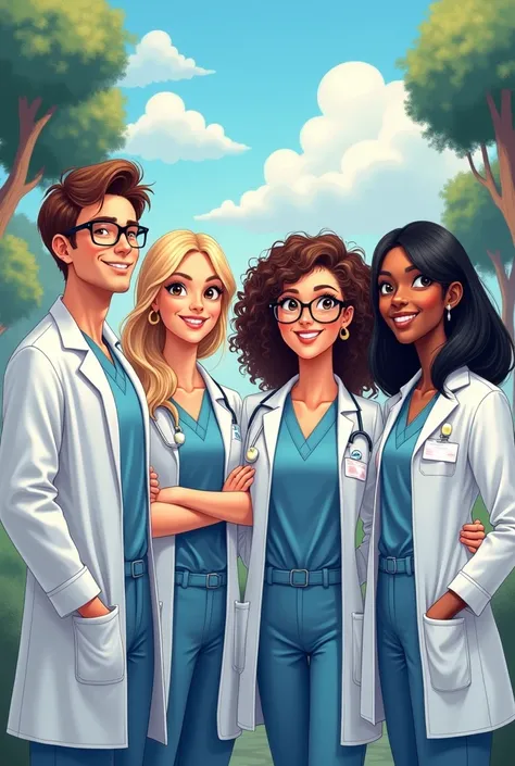 Je veux que tu illustre adultes DENTISTES en uniforme de dentistes (je veux une image avec des personnages reels)
Il doit y avoir en tout 4 DENTISTES dont:
-1 garcon brun avec des lunette
-1 fille blonde avec des lunettes
-1 fille brunne blanche aux cheveu...