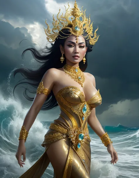 in a dynamic image, a Javanese queen from ancient times, emerges from a violent storm in the ocean. gold ornaments and diamond jewels. her body is translucent and luminousHigh Resolution, Large breasts, portrait full body, Looking at side 