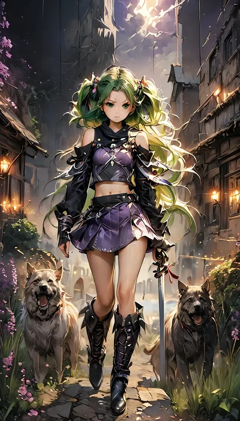 Young woman, purple crop top armor, off arms, off shoulders, ((very short mini skirt)), micro skirt, metallic purple skirt, black armored metal boots, high heel boots, walking thorough village, full body visible, green eyes, ((short red hair)), hair moveme...