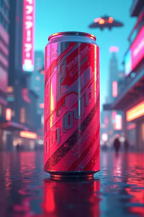 Make me a futuristic strawberry flavored drink can written steps b