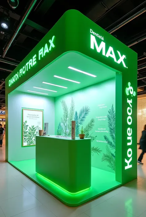 exhibition event booth at siam paragon about “max fluoride toothpaste” named “Dentistè Max” in concept “axed your ex, be your best” so create it for Gen Z with beautiful and good experience theme and 99% for green and little white