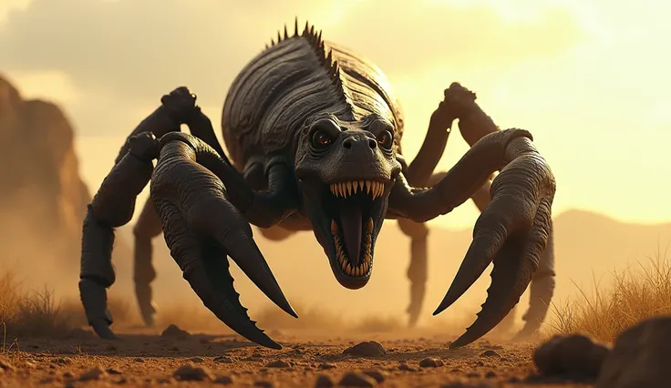 A monstrous and demonic scorpion with features of a Tyrannosaurus Rex in a savanna environment, with sharp fangs and a threatening growl, (best quality,4k,8k,highres,masterpiece:1.2),ultra-detailed,(realistic,photorealistic,photo-realistic:1.37),highly det...