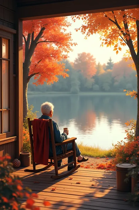 A cozy and warm scene of an autumn fall on a porch beside a lake