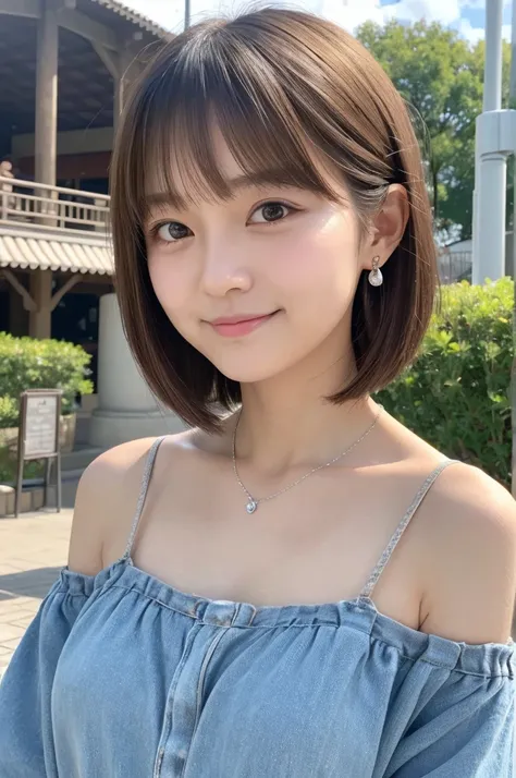 ((masterpiece)), ((photo realistic)), ((highest quality)), (theme park:1.1), Japanese girl,  (puffy face), broad jawline,big beady eyes,  (no make up:1.3), (flat chest:1.1), light brown hair, bob cut,  (casual wear:1.1), shredding tears, shy smile, earring...