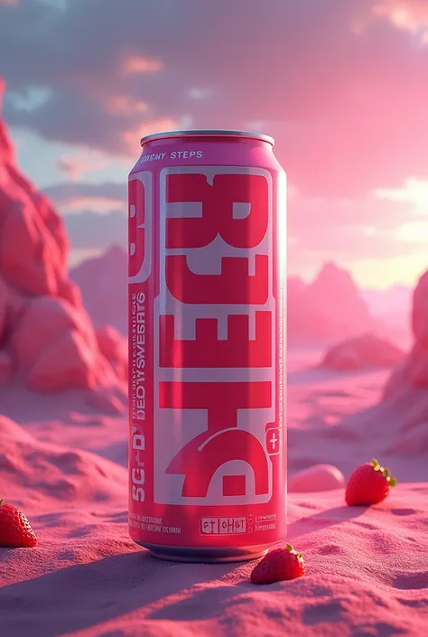 Make me a futuristic strawberry flavored drink can with big steps written on the can 