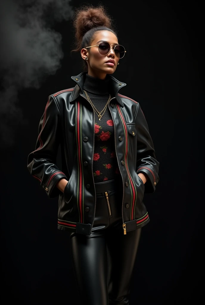 beautiful tanned Dominican,carries a very large, tight black leather coat with vertical stripes and floral pattern, dark green and red lines in Gucci design and a turtleneck top made of black sequin fabric, which is tucked into latex pants, golden zipper, ...