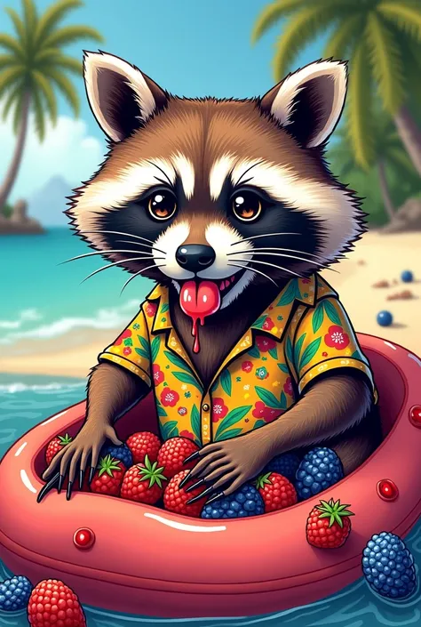 Neotraditional style raccoon drawing, neotraditional tattoo style, full color raccoon, Raccoon with crazy eyes eating berries and candy, tropical design background, Happy smiling raccoon eating candy, top angle view, raccoon with half torso visible, bright...