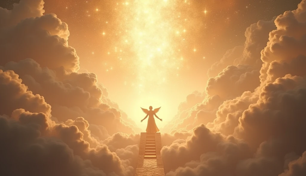 Above the stars where the throne exalts in the heavens, everything shining everything white angels hovering and singing, with brown clouds showing the essence of divine power.