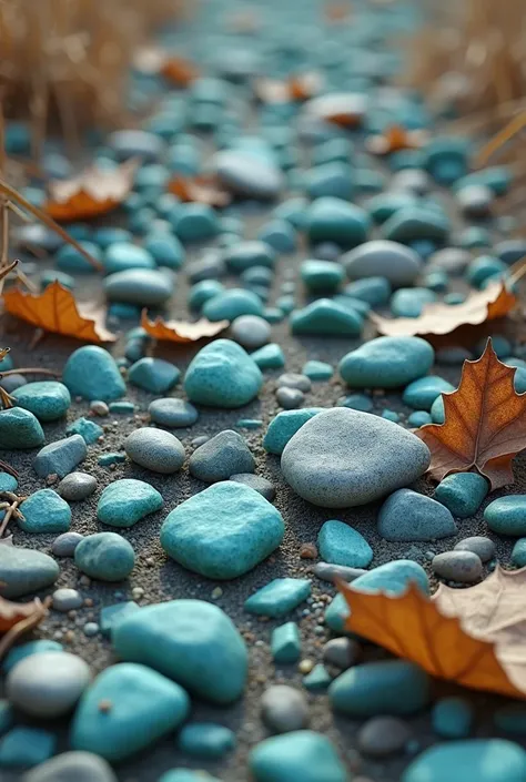 The place is full of tinny colored stones and dry leaves,  most of it is Turquoise, gray colour,  (8k, RAW Photos, highest quality, masterpiece:1.2),(Realistic, photo-Realistic:1.37)

