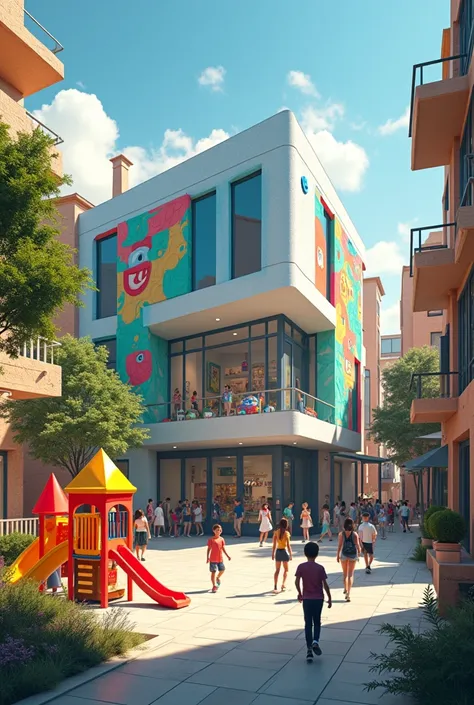 "An inviting animation school building in a modern, lively neighborhood. The school has sleek, futuristic architecture with large windows and vibrant murals of animated characters. In front of the building, a creative playground is filled with children pla...