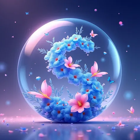 a digital illustration of a transparent glass ball that is filled with blue and pink flowers and butterflies. The flowers are arranged in a way that they form the shape of the letter S. The background is a gradient of purple and blue, creating a gradient e...