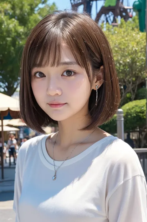 ((masterpiece)), ((photo realistic)), ((highest quality)), (theme park:1.1), Japanese girl,  (puffy face, baby face), broad jawline,big beady eyes,  (no make up:1.3), (flat chest:1.1), light brown hair, bob cut,  (casual wear:1.1), shredding tears, laugh o...