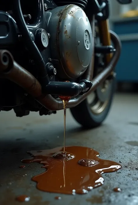 close up image, motorcycle engine dripping with a small puddle of oil on the floor with a boot print next to it