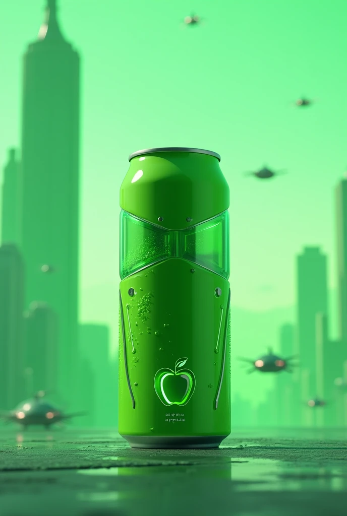 Make me a futuristic can of Day brand green apple flavored drink 