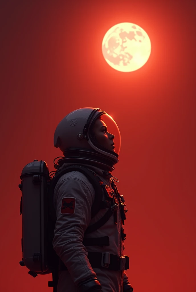 The cosmonaut is looking at the moon, the background is red