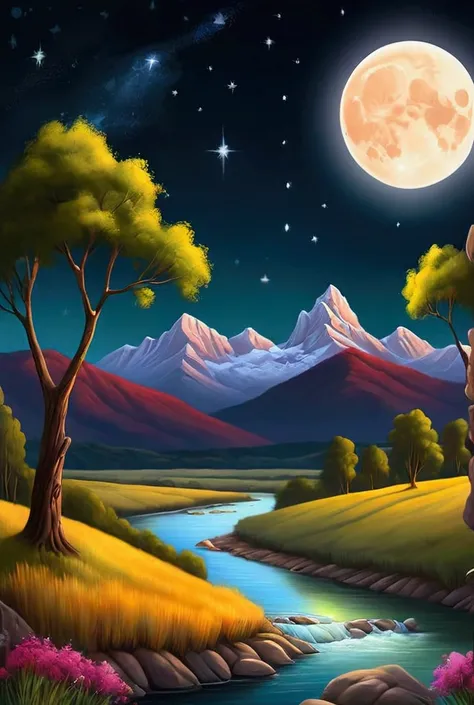 oil painting, panoramic view of a river between the mountains, vegetation with large trees, in the background night sky with a full moon with bright stars, vivid colors