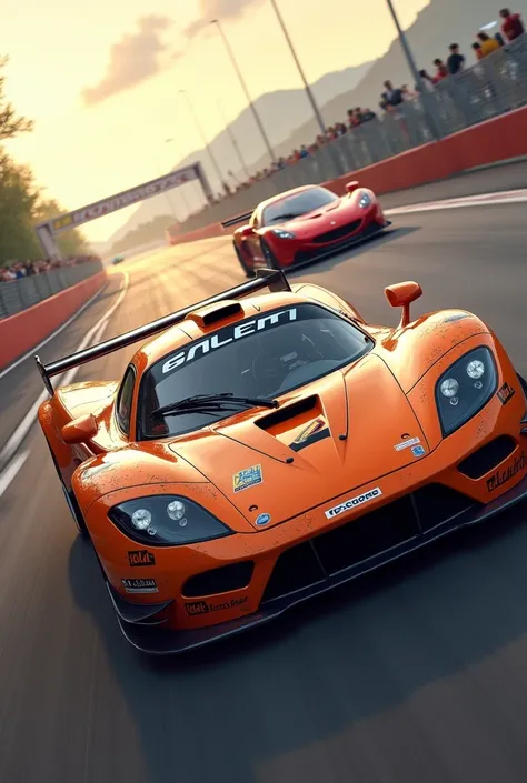 CREATE A saleen s7 orange post racing with a red lotus 