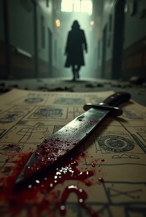 A close-up of a bloody knife, a shadowy figure walking away, and old crime scene sketches.

