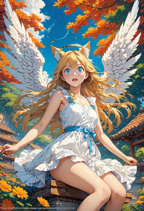 score up_9,score up_8,score up_7,source_anime,rating_safety,masterpiece,best quality,super fine illustration,hyper detailed,8k,front view,dynamic angle,BREAK Angel Halo,Angel Wings,Fox ears,long hair,blonde hair,(Crazy Eyes:1.5),white dress,BREAK she is si...