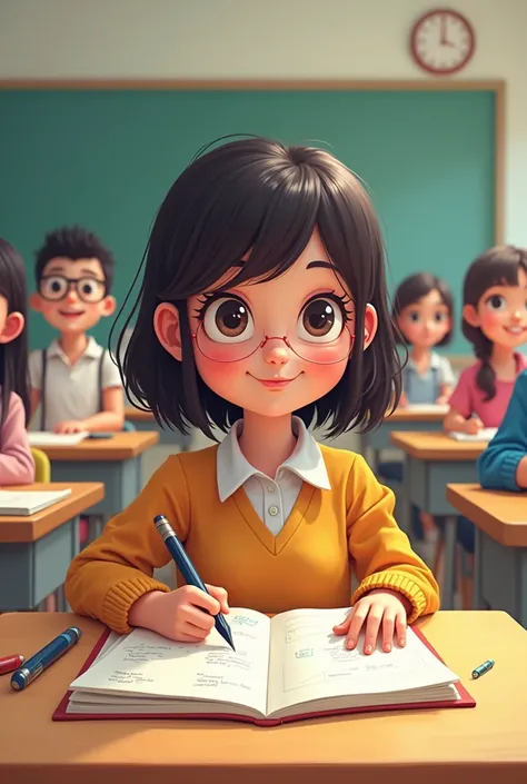 cartoon high school girl looking down writing on a notebook in a classroom with other students 