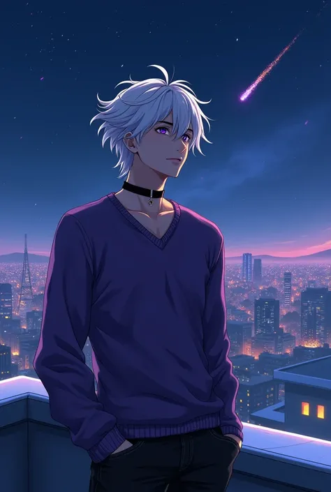 퀄리티, art best 1((boy)), ((male)), ((anime)), ((detail)), ((whole body)), he is a ((20s old)), he has beautiful ((purple eyes)), whiet hair, ((purple sweater)), ((black jeans)), with a ((choker around the neck)), ((city night view)), ((looking at the stars ...