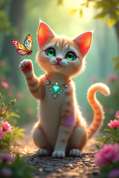 A whimsical scene featuring a majestic feline with shimmering, iridescent fur in vibrant rainbow, gracefully poised on a sun-dappled path in a lush, enchanted garden. Its emerald green eyes glisten with excitement as it playfully raises a paw adorned with ...