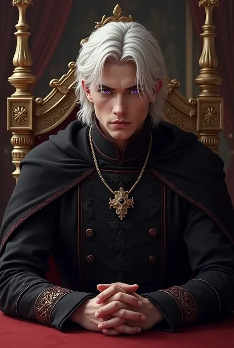 Make a young 1 Caucasian man with pale skin, He is a little muscular and tall, She has semi-long white hair and intense purple eyes., he is dressed in a black medieval costume with deep red touches, He is sitting at the king&#39;s council table.