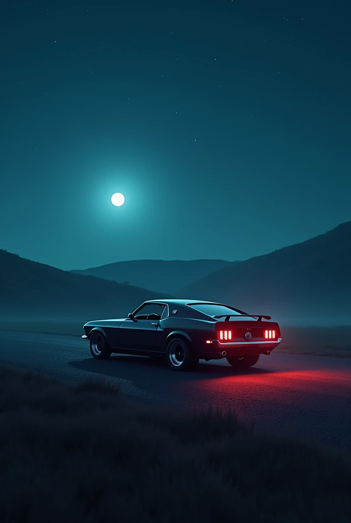 Clear sky with moon and stars visible,1080x 1920, ​A lonely vintage 1969 Ford Mustang Gt wheel burning in a countryside at night with blue and red ​neon lights in the background, more realistic nd with natural lighting