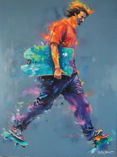 Painting of a man walking with a skateboard in his hand, abstract painting of man on fire, Abstract Figurative Art, 狂热的painting, Painting of a man, brightly coloured 布面painting, author：David Rubin, Inspired by LeRoy Neiman, painting, Contemporary Painting,...