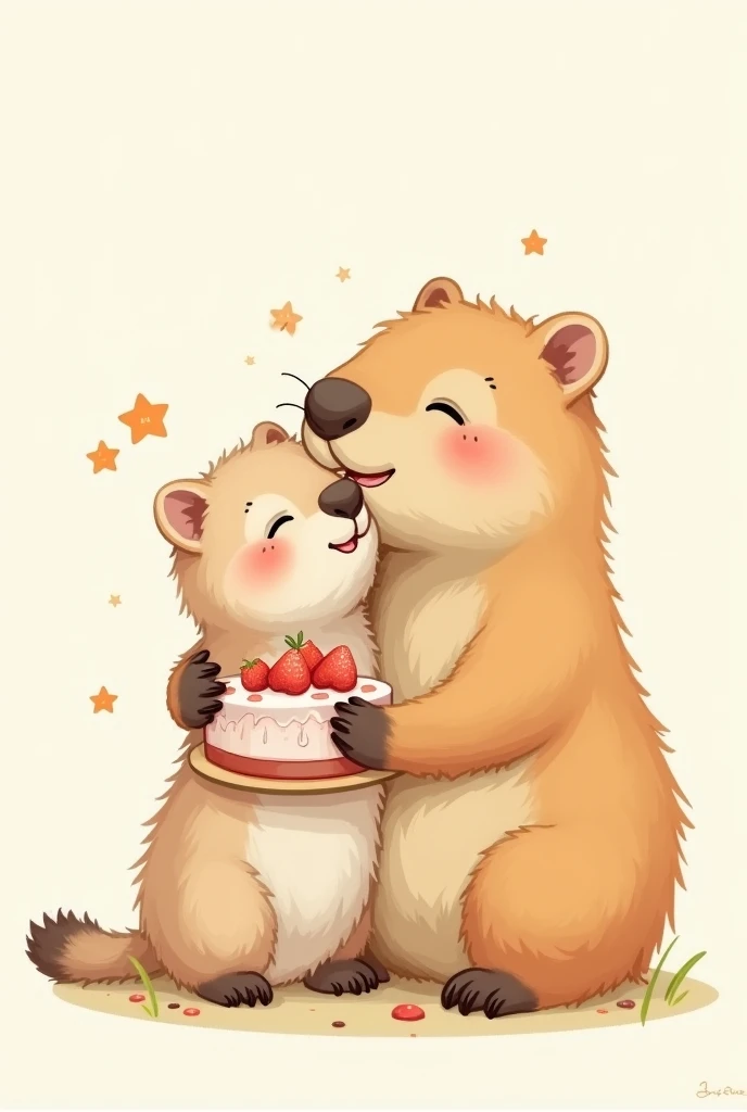 Drawing of a capybara and a kitten hugging each other with a cake in their hands 

